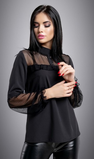 Черная блуза со вставками из сетки в горошек СК-565