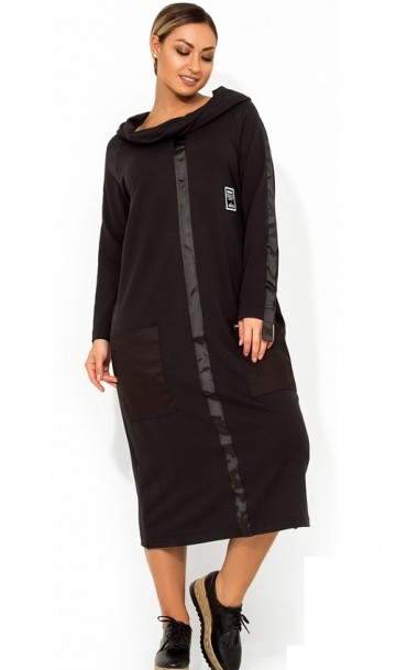 Черное длинное платье спорт шик с воротником хомут размеры от XL ПБ-679, фото