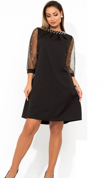 Коктейльное платье мини черное с декором жемчуг размеры от XL ПБ-661, фото