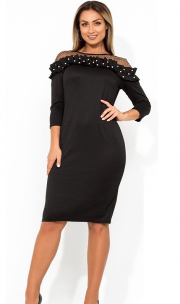 Платье миди черное с оборкой на плечах размеры от XL ПБ-665, фото