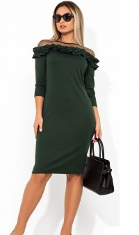 Платье миди темно-зеленое с оборкой на плечах размеры от XL ПБ-664, фото