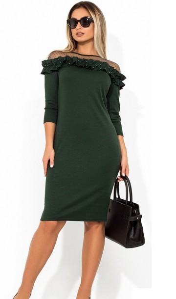 Платье миди темно-зеленое с оборкой на плечах размеры от XL ПБ-664, фото