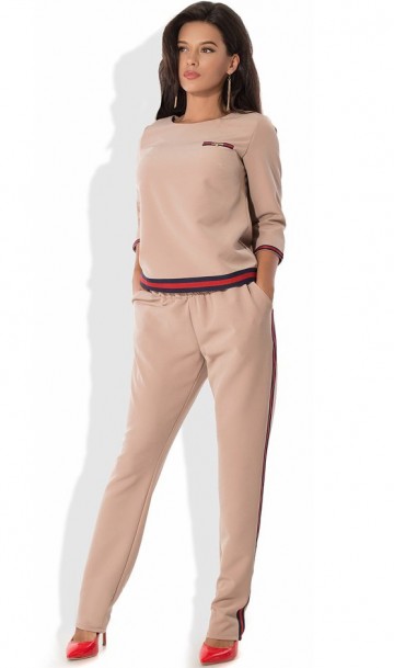 Женский бежевый костюм кофта и брюки КТ-267