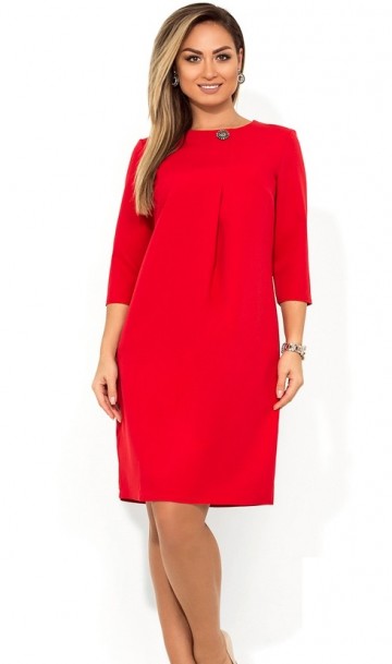 Нарядное платье миди красное с брошкой размеры от XL ПБ-745, фото
