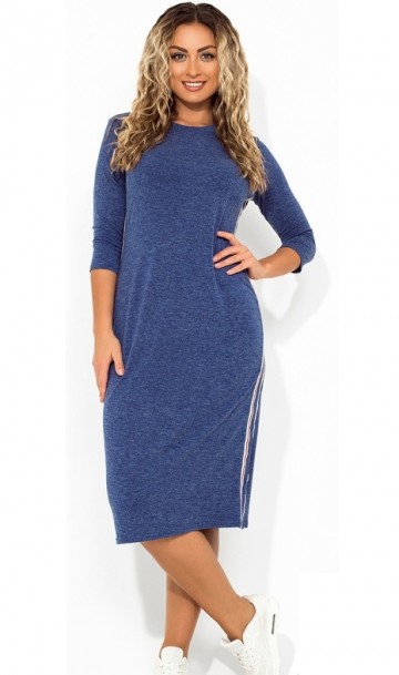 Стильное платье миди синее с лампасами размеры от XL ПБ-711, фото