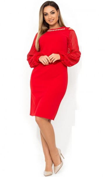 Красное платье миди с разрезами на плечах размеры от XL ПБ-373, фото
