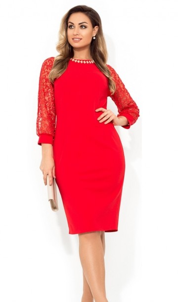 Красное платье миди с украшением на горловине размеры от XL ПБ-802, фото