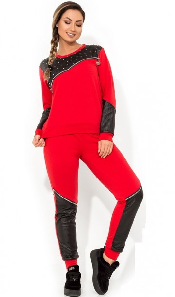 Красный костюм с декором из жемчуга, эко-кожи и молний размеры от XL 2229, фото