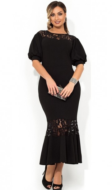 Нарядное черное платье русалка с гипюровыми вставками размеры от XL ПБ-160, фото