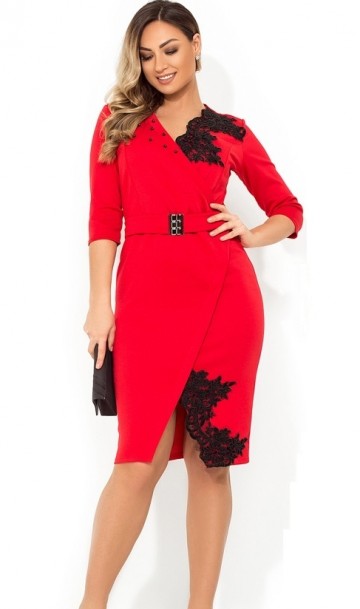 Платье красное с декором из кружева и жемчужин размеры от XL ПБ-785, фото