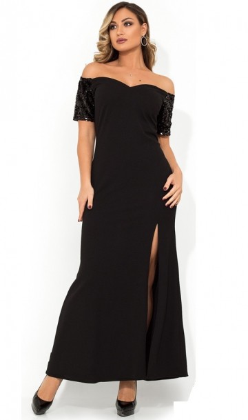 Вечернее платье в пол черное с разрезом размеры от XL ПБ-123, фото