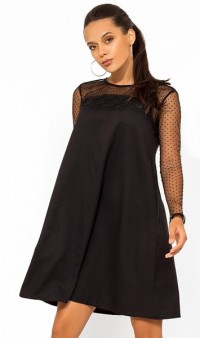 Черное мини платье покроя трапеция с сеткой-горох Д-1739