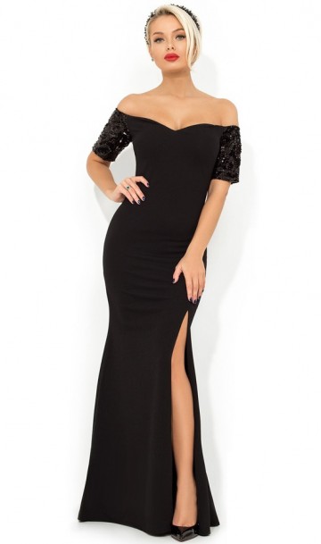 Черное вечернее платье в пол с высоким разрезом Д-1686