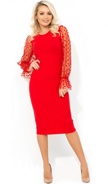 Красное нарядное платье миди с прозрачными рукавами Д-1695