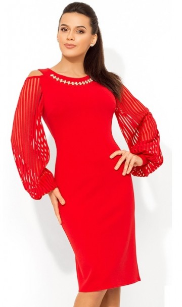 Красное платье-миди украшенное бижутерией Д-1703