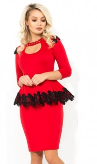 Красное платье с баской и французским кружевом Д-1718 фото 2