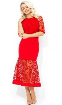 Красное вечернее платье-миди покроя русалка с узором Д-1677
