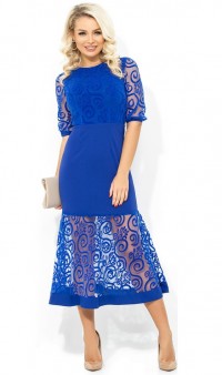 Синее вечернее платье-миди покроя русалка с узором Д-1676