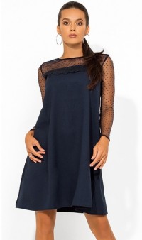 Темно-синее мини платье покроя трапеция с сеткой-горох Д-1742