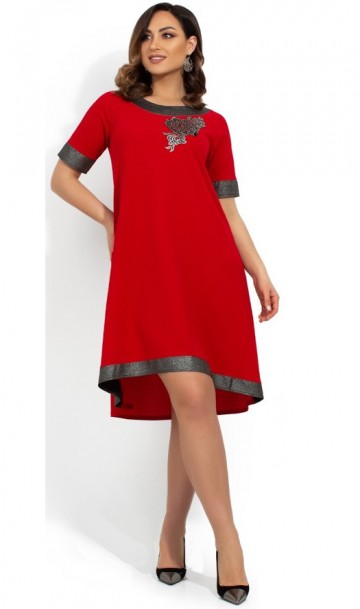 Красное платье-миди трапеция с контрастным декором размеры от XL ПБ-772, фото