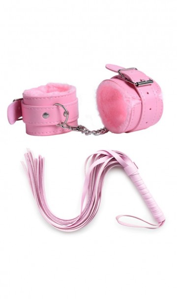 Розовый набор для игр БДСМ наручники и плетка А-1137