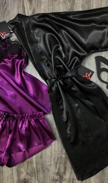 Атласный набор тройка черный халат и фиолетовая пижама АТ-1092