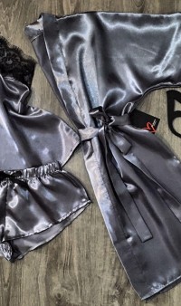 Эксклюзивный серый атласный набор халат и пижама АТ-1088