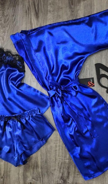 Эксклюзивный синий атласный набор халат и пижама АТ-1087