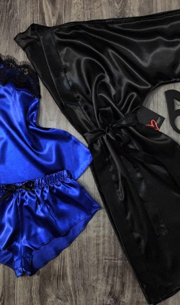 Атласный набор тройка черный халат и синяя пижама АТ-1098
