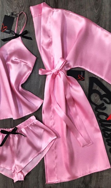 Молодежный атласный комплект майка шорты и халат розовый АТ-1099