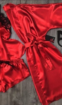 Красный набор тройка домашней одежды из атласа халат+майка+шорты АТ-1124