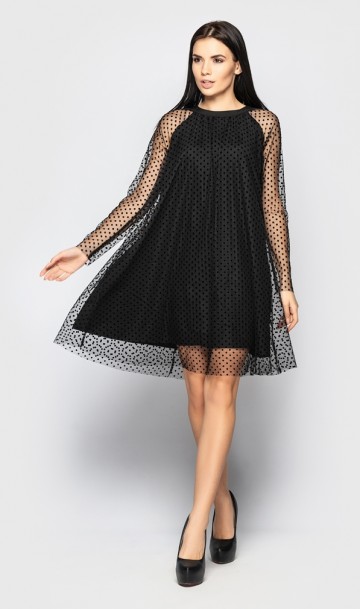 Платье в мелкий горошек черное Д-601