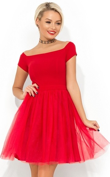 Красное коктейльное платье с фатиновой юбкой Д-443