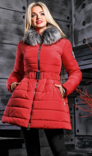 Ультрамодная зимняя курточка красного цвета с пышной юбкой СК-296
