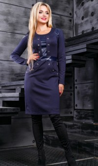 Экстравагантное синее платье с кожаными вставками Д-1033