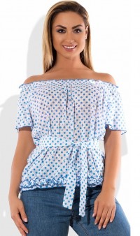 Блуза распашонка под поясок белая с голубым размеры от XL 3120, фото