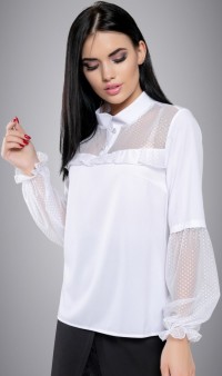 Белая блуза со вставками из сетки в горошек СК-566 фото 2
