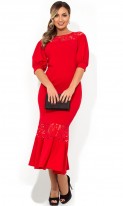 Платье русалка красное с рукавами-фонарик и гипюровыми вставками размеры от XL ПБ-159, фото
