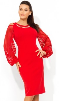 Красное платье-миди украшенное бижутерией Д-1703