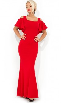 Вечернее платье-русалка с воланами на плечах красное Д-1688