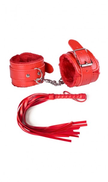 Красный набор для игр БДСМ наручники и плетка А-1136