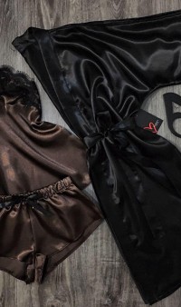 Атласный набор тройка черный халат и коричневая пижама АТ-1093