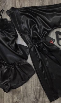 Эксклюзивный черный атласный набор халат и пижама АТ-1086