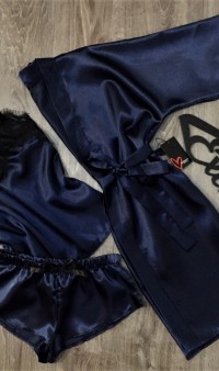 Эксклюзивный темно-синий атласный набор халат и пижама АТ-1089
